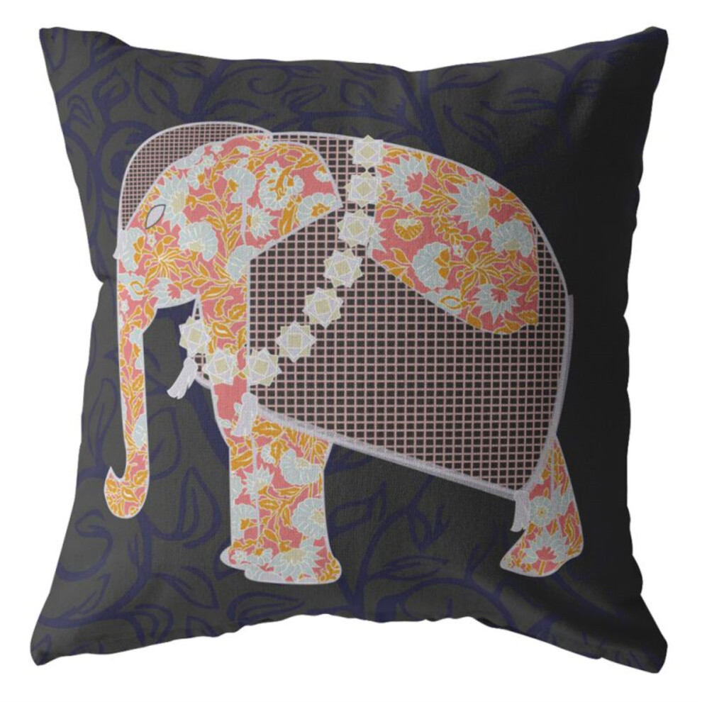 Coussin en daim double face avec fermeture éclair et motif éléphant fleuri orange sur vert