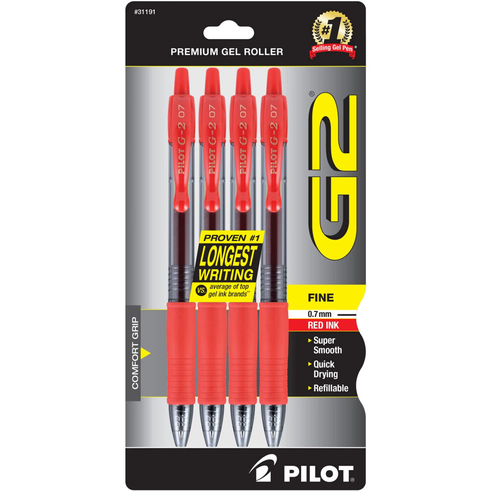 Pilot  G2 Premium Gel Roller Pens  Fine Point 0.7 mm  Red  Pack of 4