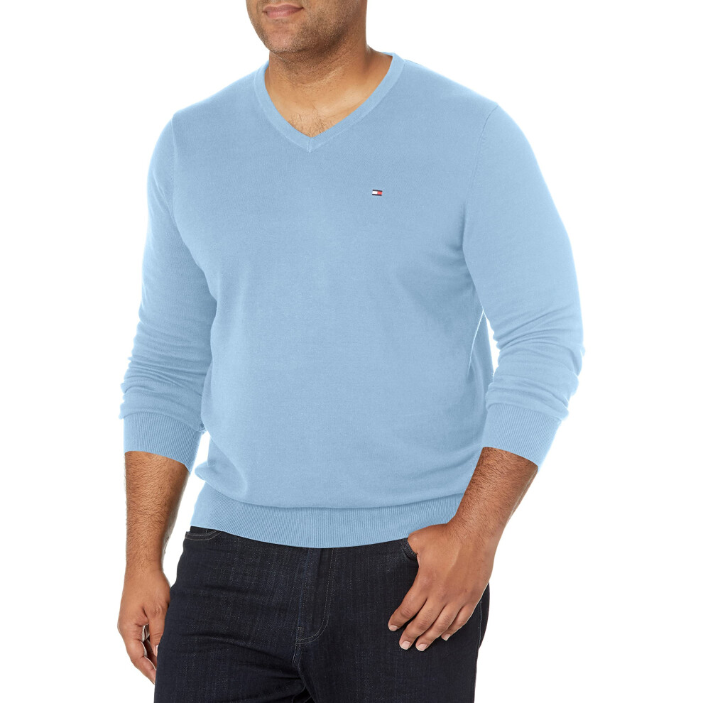 Tommy Hilfiger mens Cotton V Neck Sweater  Medium Chambray  Small US