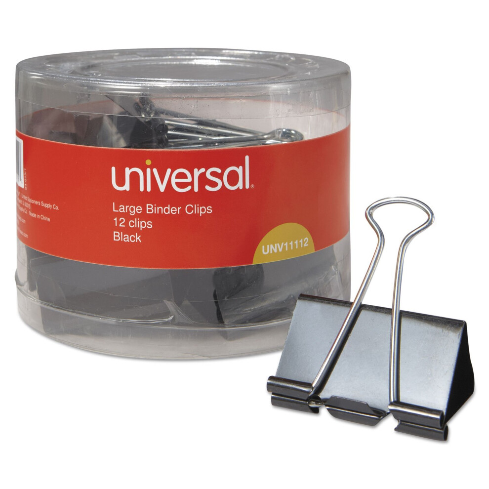 Universal Binder Clips with Storage Tub  Large  Black/Silver  12/Pack