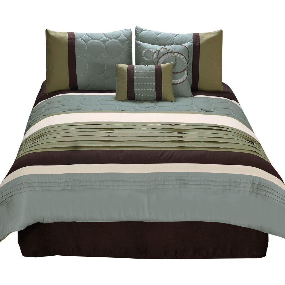 6 Piece King Comforter Set with Pleats and Embroidery Green and Blue