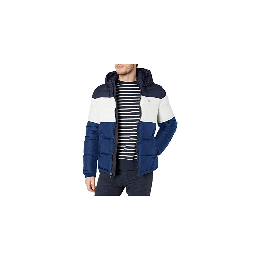 Tommy Hilfiger Men's Hooded Puffer Jacket  Bluebell Color Block  Small