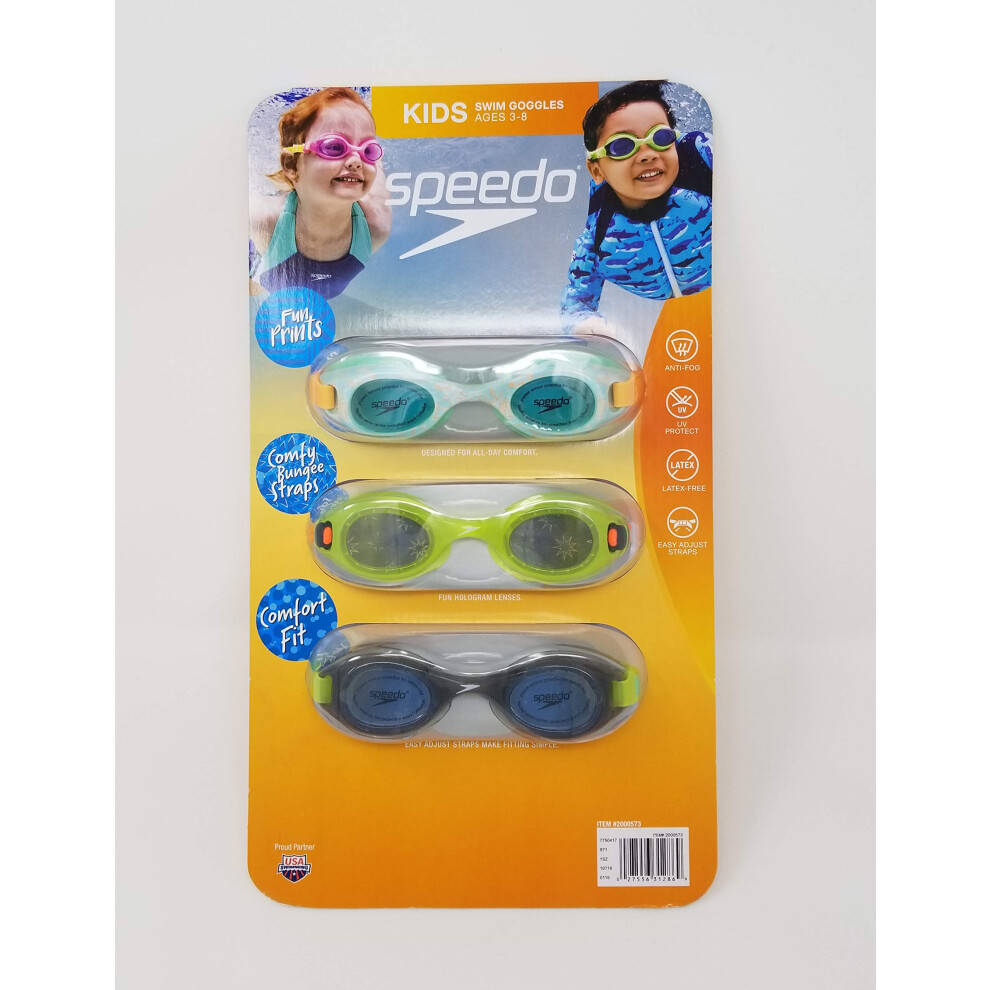 Speedo Kids Swim Goggles for Ages 3-8  3-Pack (Green/Blue/Multi Color)