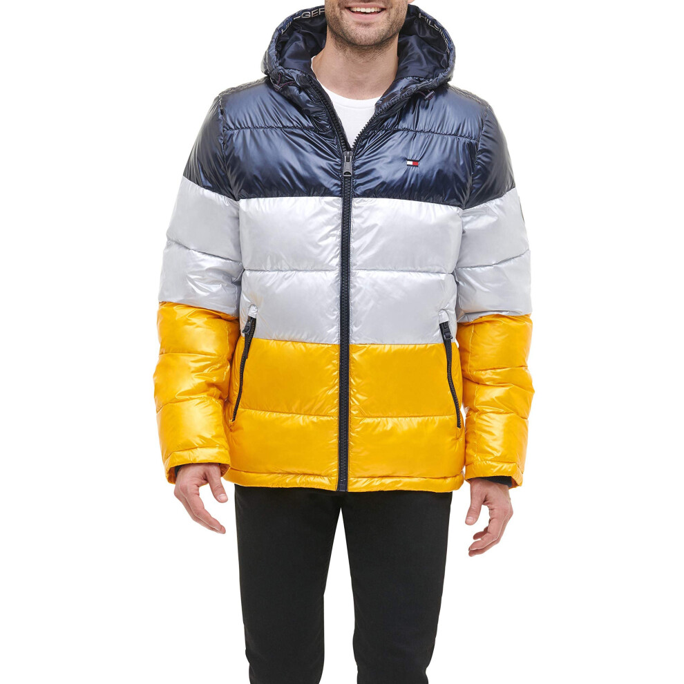 Tommy Hilfiger Mens Hooded Puffer Jacket  Pearlized YellowNavy  XX-Lar