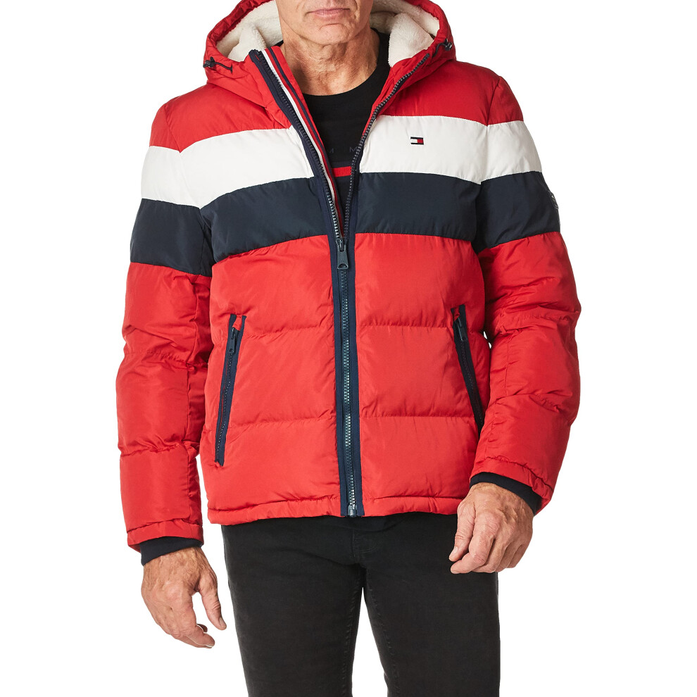 Tommy Hilfiger Men's Classic Hooded Puffer Jacket /Ice/Navy Poly Tech XX-Large Red
