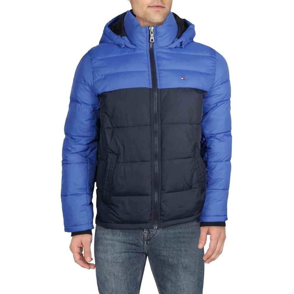 Tommy Hilfiger Mens Hooded Puffer Jacket  Royal Blue color Block  X-La