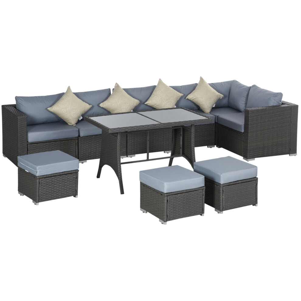 Outsunny 10 Pieces Rattan Sofa Set Table Stool Cushion Conservatory Wicker Blue