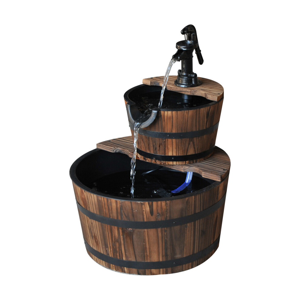 Wooden Water Pump Fountain 2 Tier Cascading Feature Barrel Garden Deck