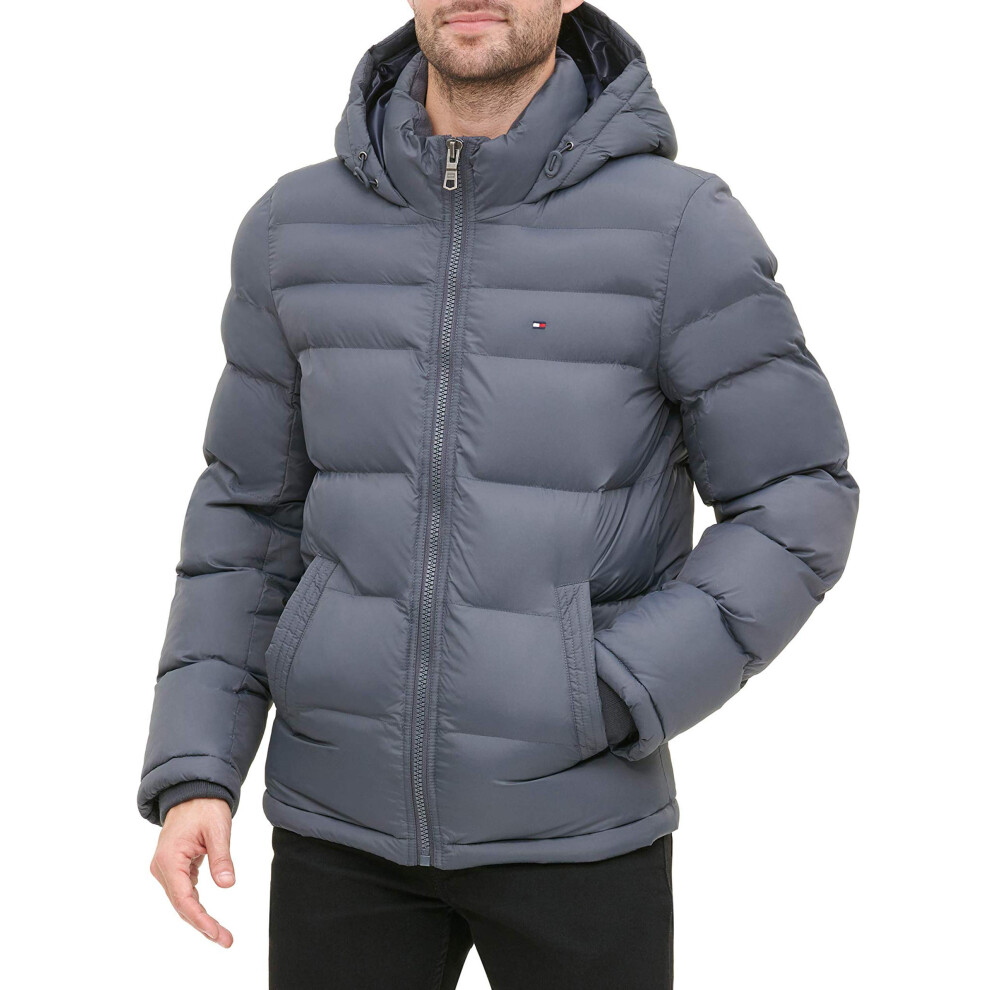 Tommy Hilfiger Mens Big  Tall Hooded Puffer Jacket  charcoal  X-Large