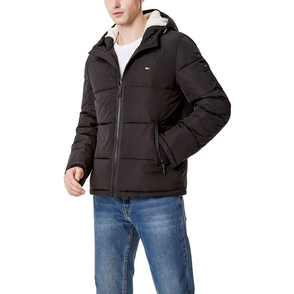 Tommy Hilfiger Mens classic Hooded Puffer Jacket  Black Poly Tech  X-L