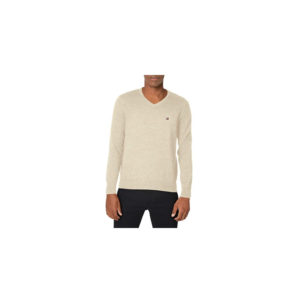 Tommy Hilfiger mens Signature Solid Vneck Sweater  Beige Heather  Smal