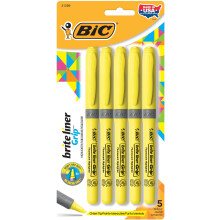 BIC Brite Liner Grip Highlighters, Chisel Tip, 5-Count Pack of Highlighters, Yellow, Ideal Highlighter Set for Organizing and Coloring