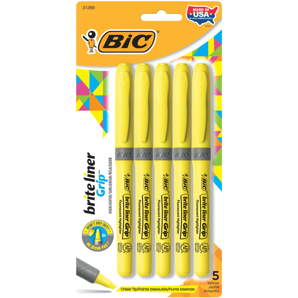 BIc Brite Liner grip Highlighter  chisel Tip  Yellow  5-count (gBLP51-