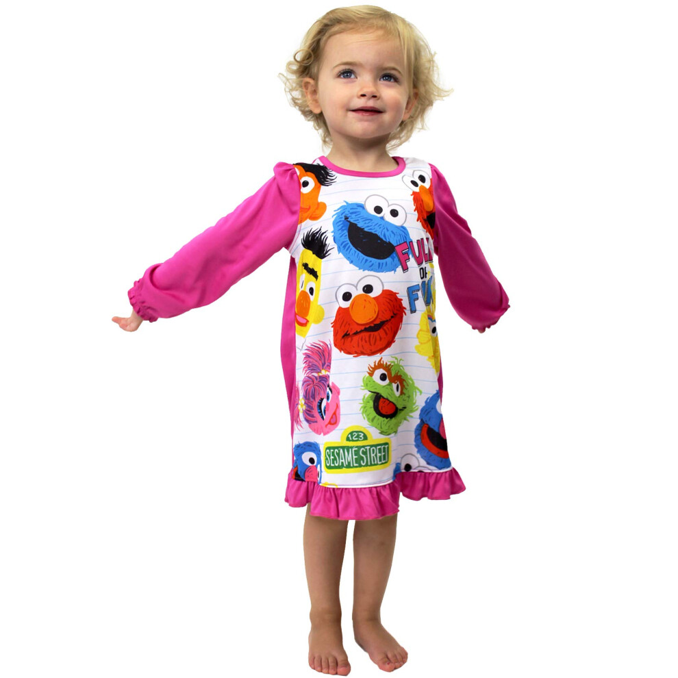 Sesame Street Toddler Girls Long Sleeve Nightgown Pajamas (4T  Pink/Wh