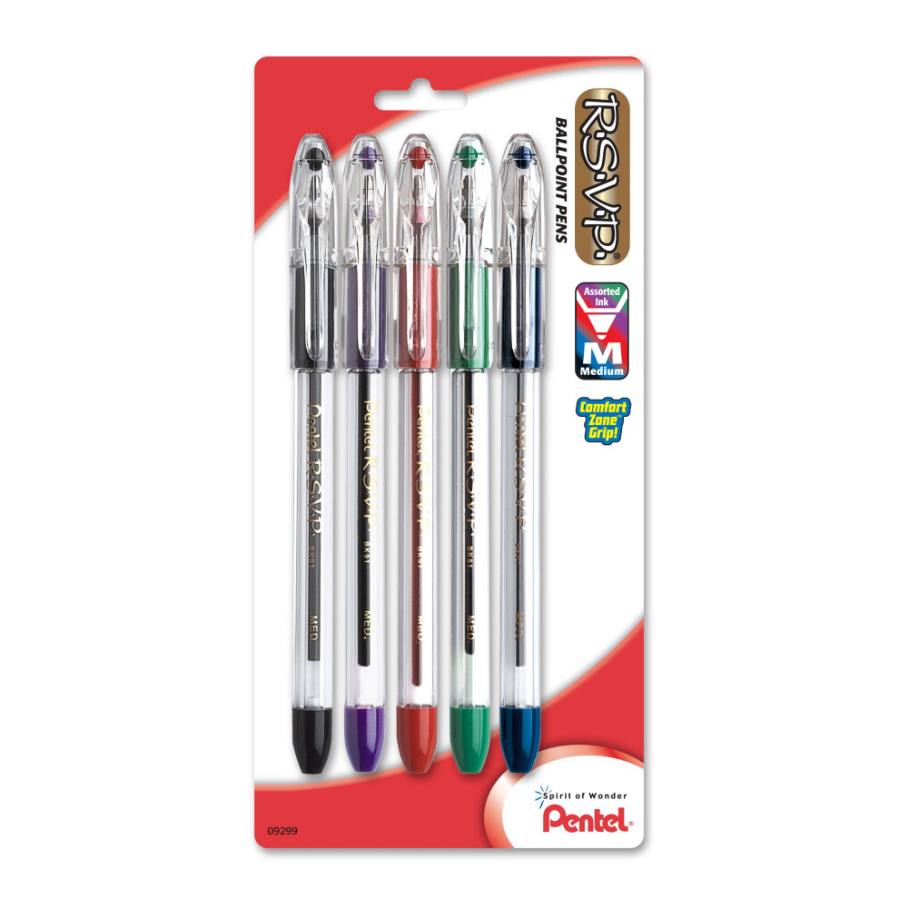 Pentel R.S.V.P. Ballpoint Pen  Medium Line  Assorted Ink  5 Pack (BK91