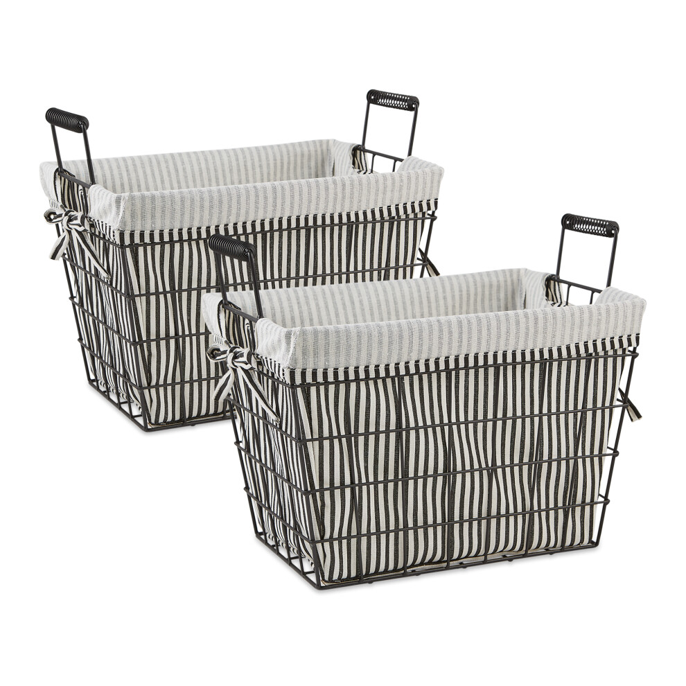 DII Asst Farmhouse Black Wire Black/White Ticking Stripe Liner Basket Set/2