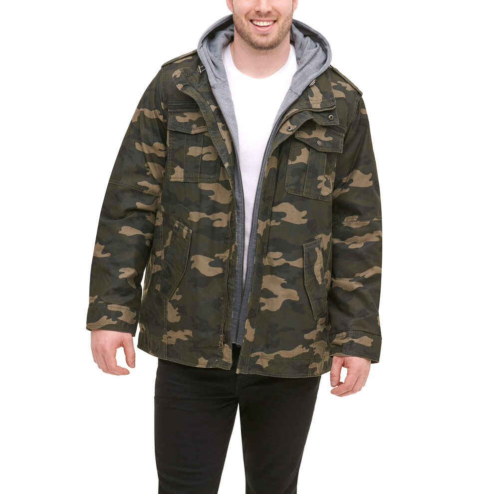 Levis Mens Big & Tall Washed cotton Hooded Military Jacket  camouflage