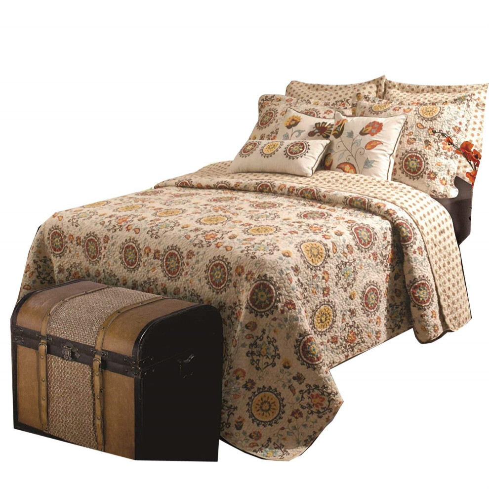 Ensemble de courtepointe Elbe 5 pi   ces pour grand lit avec m   daillon et motif floral beige et marron