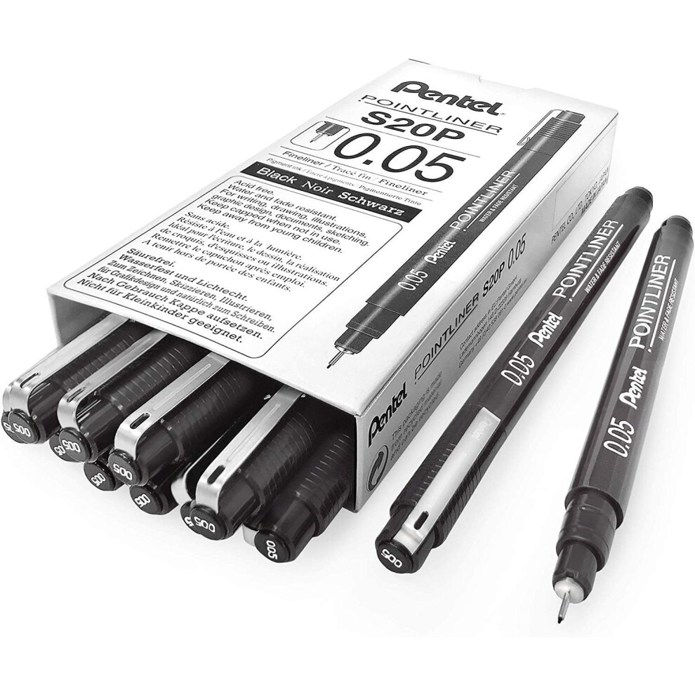 Pentel Arts Pointliner Drawing Pen 0.05Mm Ink Box Of 12 Pens (S20p-05A) Black