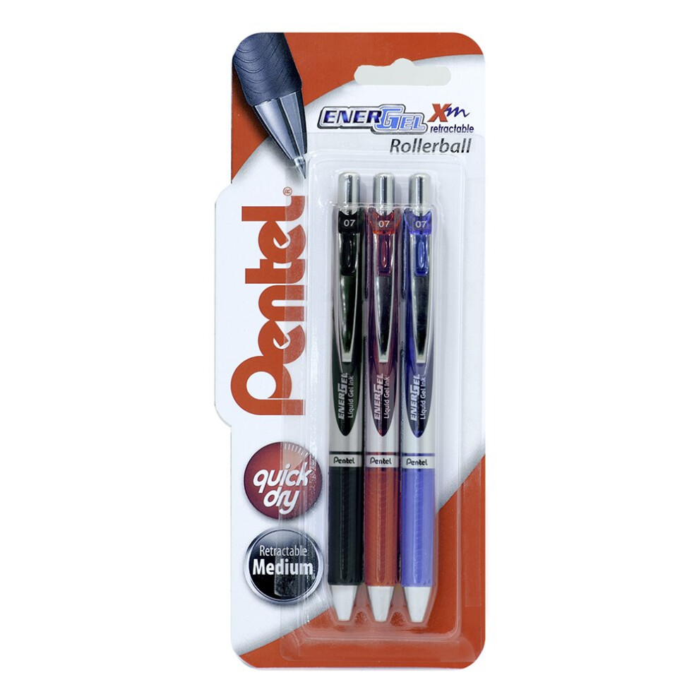 Pentel EnerGel 0.7 mm Xm Retractable Pen - Black/Red/Blue (Pack of 3)