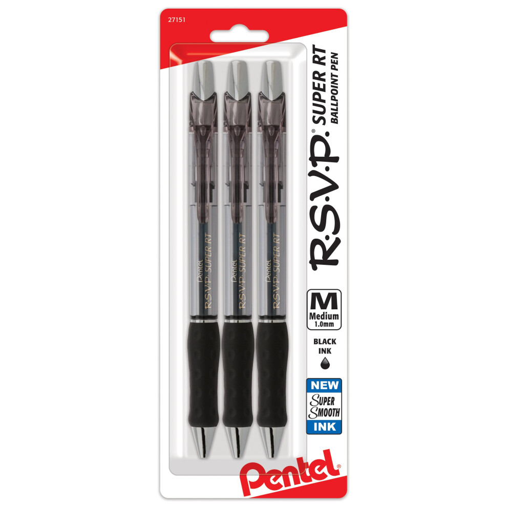 Pentel RSVP Super RT Ballpoint Pen  (1.0mm) Medium Line  Black Ink  3-