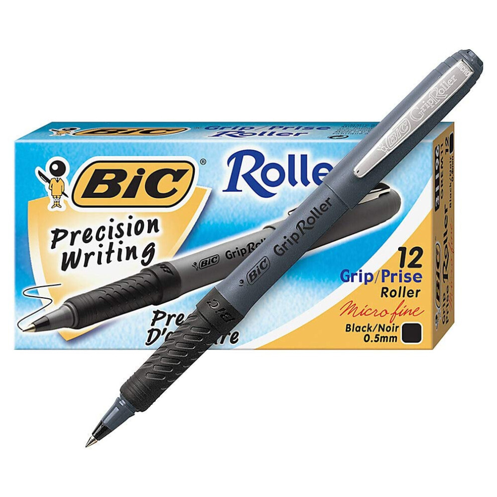 BIC Grip Stick Roller Ball Pen  Micro Fine Point (0.5 mm)  Black  12 P