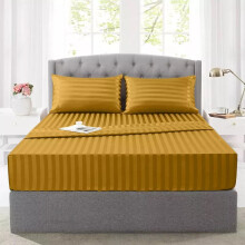 (Mustard, Double: 137 x 191 CM.) Luxury Stripe 40CM Fitted Sheet Hotel Bed Sheets