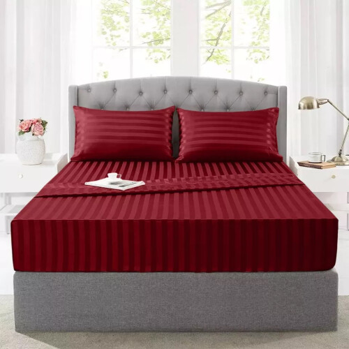 (Red, Double: 137 x 191 CM.) Luxury Stripe 40CM Fitted Sheet Hotel Bed Sheets