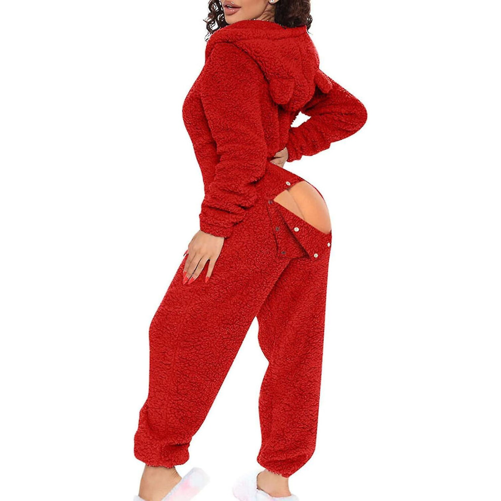 (Red, Large) Sexy Adult Onesie Pajamas For Women Butt Flap Fleece Hooded One Piece Pajamas Womens Fluffy Sleepwear,black Friday