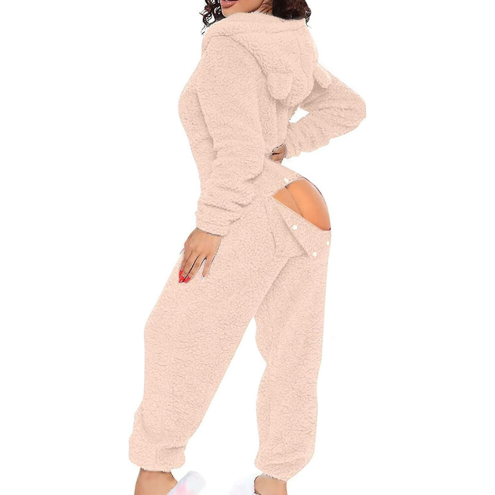 (Pink, XX-Large) Sexy Adult Onesie Pajamas For Women Butt Flap Fleece Hooded One Piece Pajamas Womens Fluffy Sleepwear,black Friday