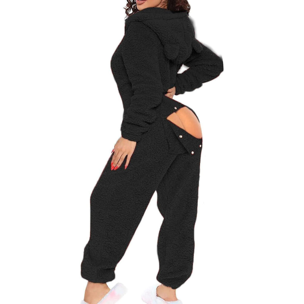 (Black, Large) Sexy Adult Onesie Pajamas For Women Butt Flap Fleece Hooded One Piece Pajamas Womens Fluffy Sleepwear,black Friday-image-OPC-PFKQKMN-NEW