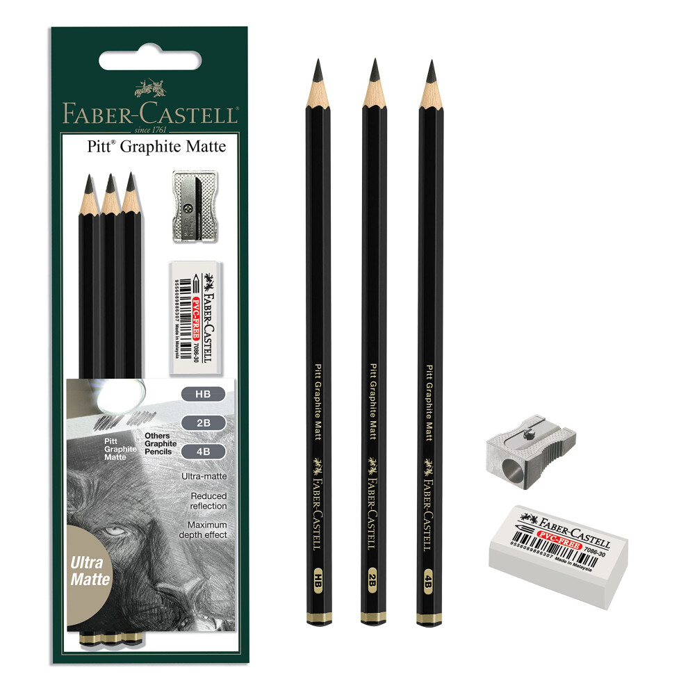 Faber-Castell 3 Count Pitt Graphite Matte Tin - HB  2B  4B - Matte Bla