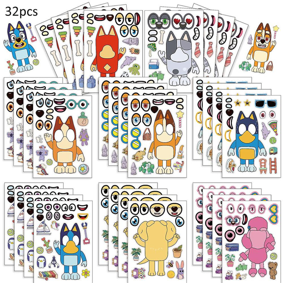 32pcs Diy Bluey Theme Make-a-face Stickers Pack,fun Stickers Craft Set Kids Toys For Party Decoration,reward Gifts