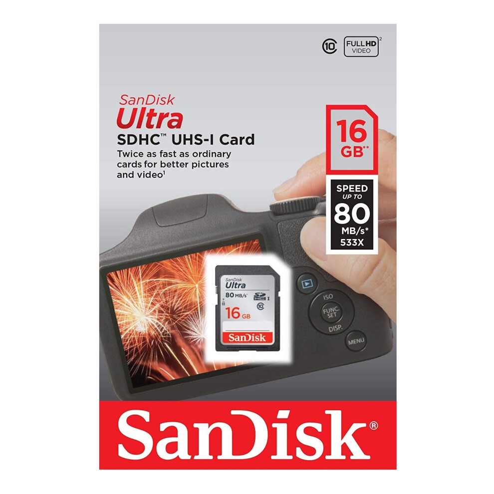 SanDisk Ultra 16GB Class 10 SDHC Memory Card Up to 80MB/S- SDSDUN-008G