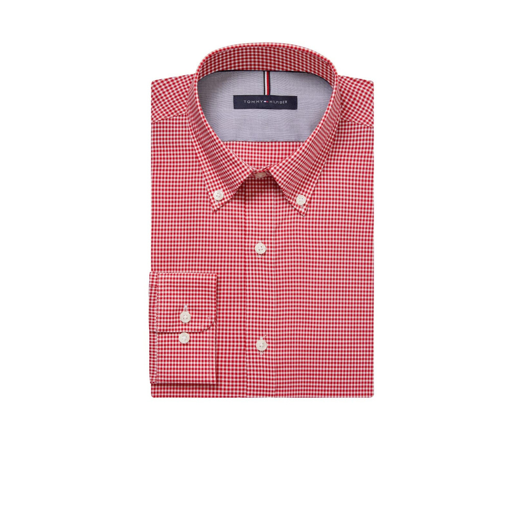 Tommy Hilfiger Men's Dress Shirt Slim Fit Non Iron Gingham  Lava  15""