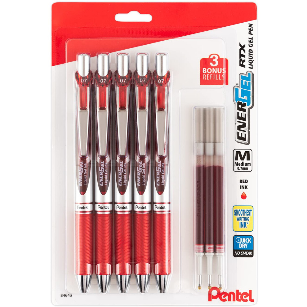 Pentel EnerGel Liquid Gel Ink Pens 0.7 mm - Pack of 5 Red Deluxe RTX E