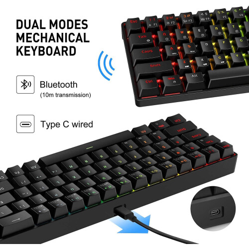 Wireless Mechanical Keyboard And Wired Mouse, Bluetooth 5.1 And Type C Wired 68-key Gaming Keyboard Brown Switch, Programmable Gaming Mouse (black) Fo 1