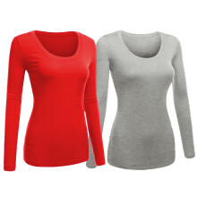 Emmalise, maglietta da donna, taglia junior e taglie forti, con scollo rotondo, maglietta a maniche lunghe, grande, 2 pezzi, rossa e grigia