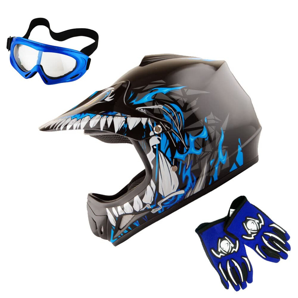 WOW Youth Kids Motocross BMX MX ATV Dirt Bike Helmet Dragon Blue  gogg