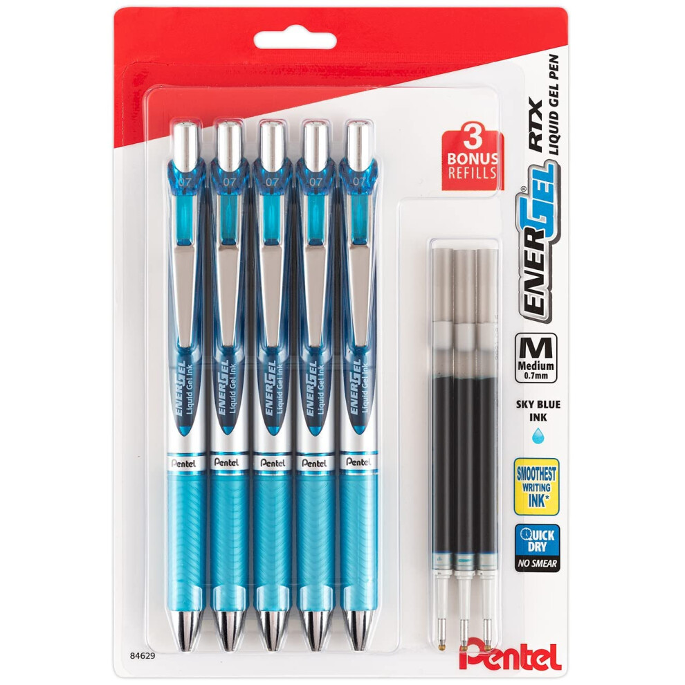 Pentel EnerGel 0.7 mm Liquid Gel Ink Pens - Pack of 5 Sky Blue Deluxe