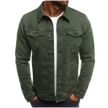 (Green, L) Mens Denim Jeans Jacket Short Slim Fit