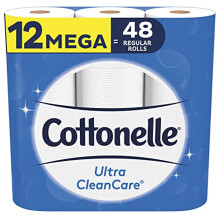 Papel Higiénico Cottonelle Ultra CleanCare, 12 Rollos Mega, Fuerte (12 Rollos Mega = 48 Rollos Regulares)