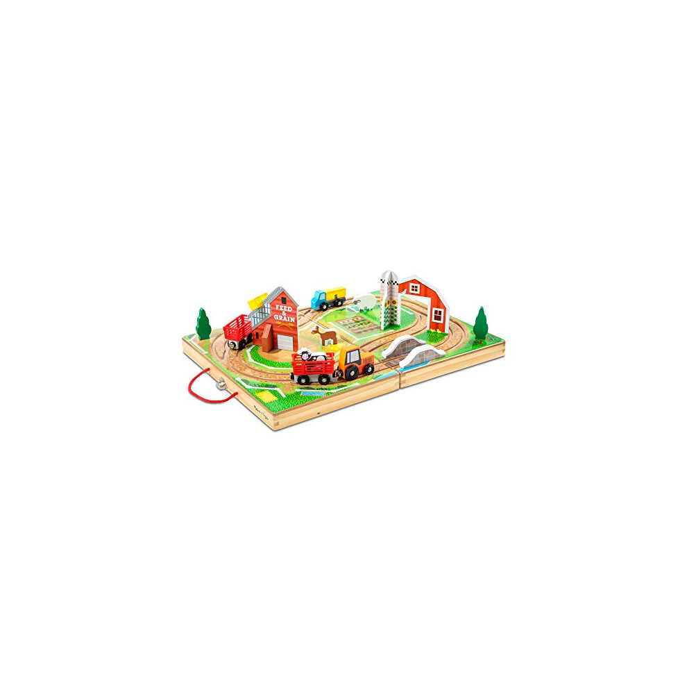 Melissa & Doug 17-Piece Wooden Take-Along Tabletop Farm  4 Farm Vehicl