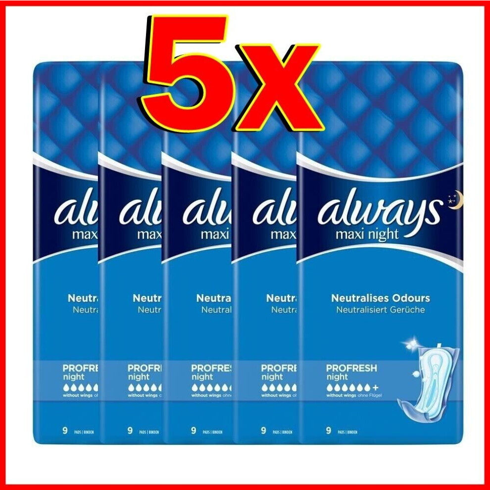 Always Maxi Profresh Night Sanitary Towels Without Wings (5 x 9 Pads)