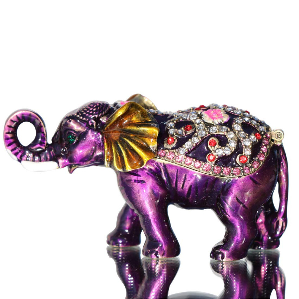 Waltz&F Purple Elephant Hinged Trinket Box Bejeweled Hand-painted Ring