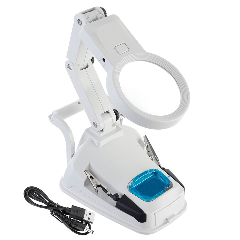 (White) Soldering Iron Stand Welding Tool Magnifier with Illuminated Glasses LED Alligator Clip Holder Clamp Helping Hand Repair Tool