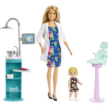 Barbie Careers Playset Dentiste avec poupe brune et 1 blonde pour petite poupe, meubles et accessoires