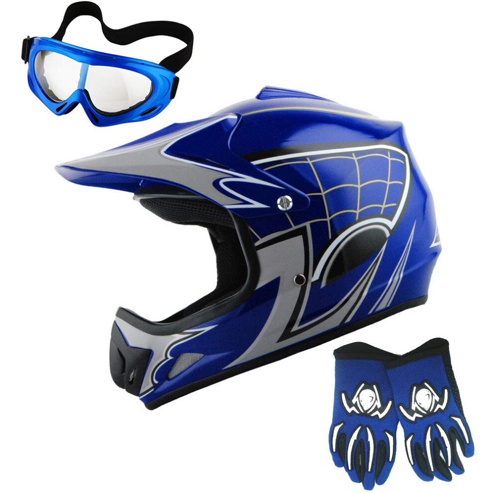 WOW Youth Motocross Helmet BMX MX ATV Dirt Bike Helmet Spider Web Blue