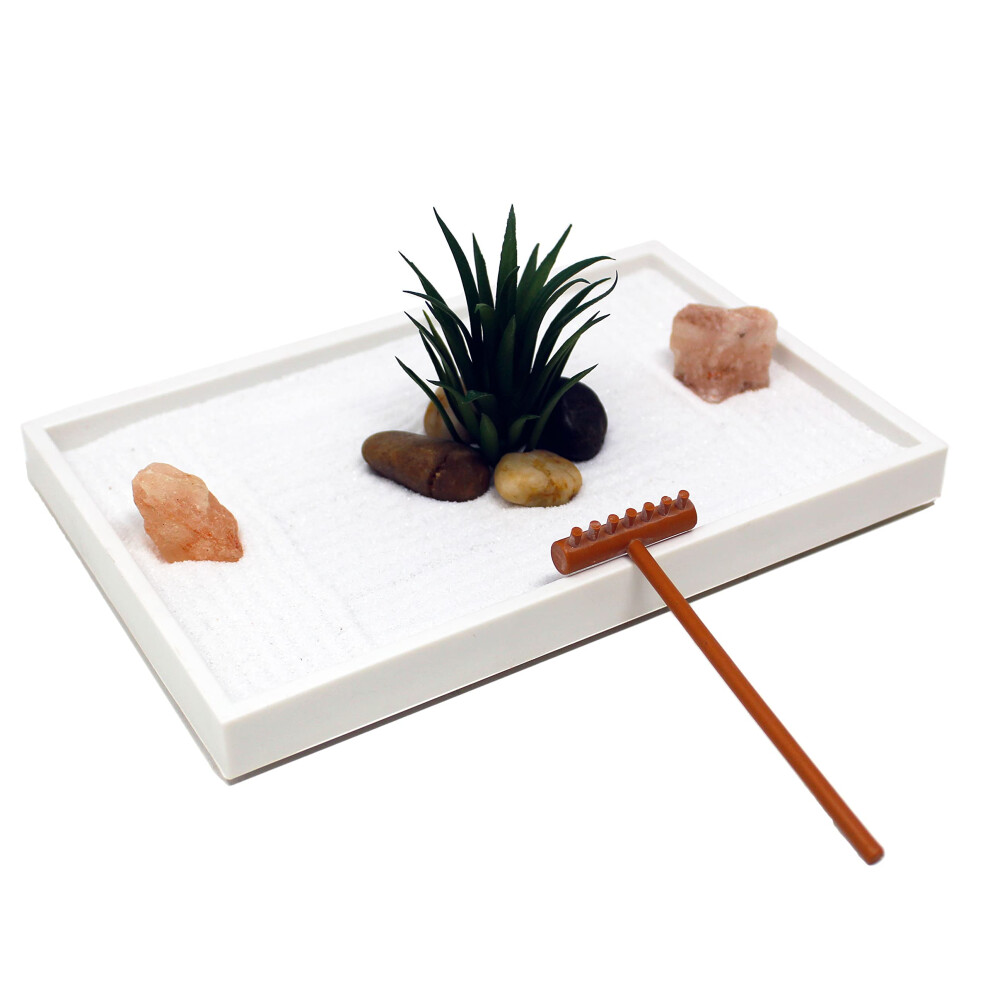 Nature's Mark Mini Zen Garden Kit for Desk with White Sand  Rake  Whit