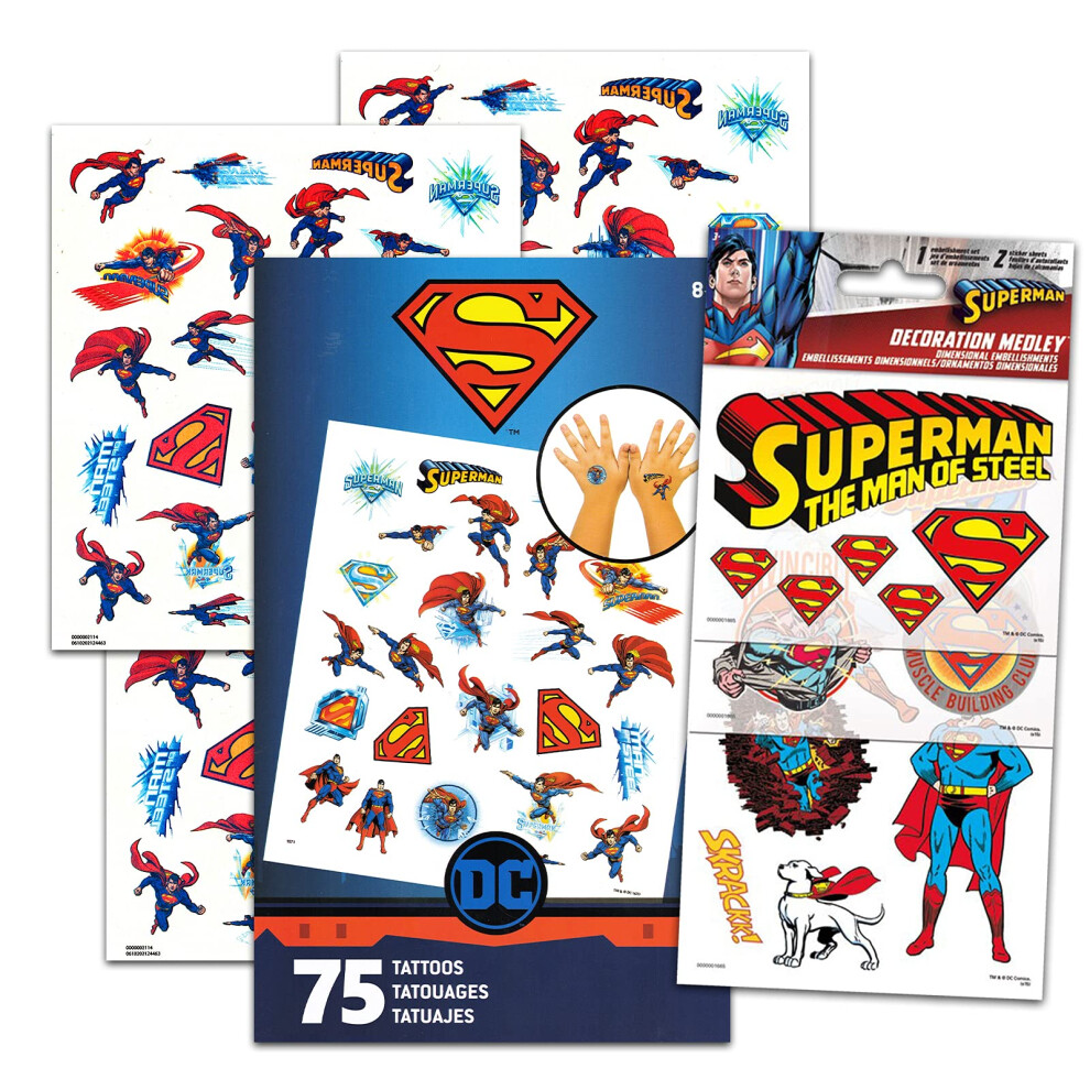 Superman Stickers & Tattoos Party Favor Pack Bundle ~ 75 Temporary Tat